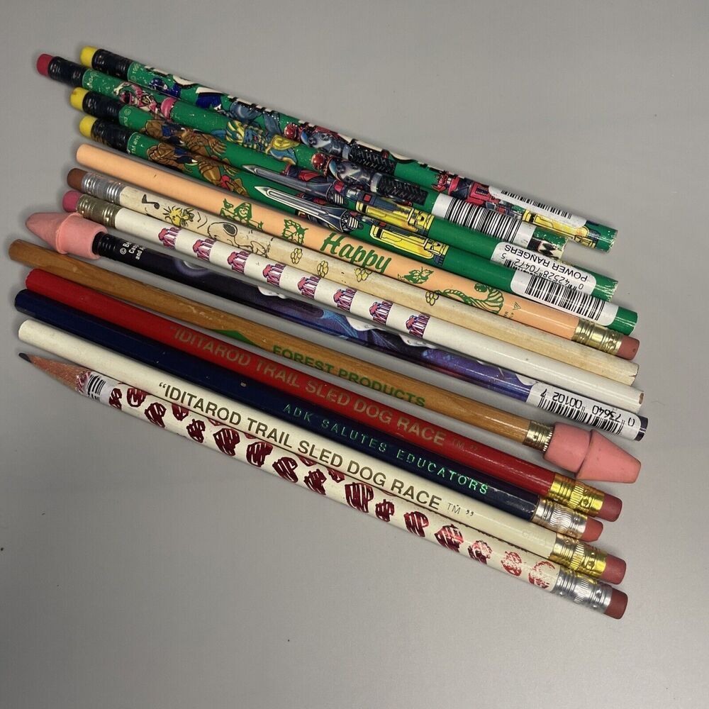 Vintage Lot‎ of 12 Wooden Pencils 4 Power Rangers Casper Iditarod Snoopy Atlas